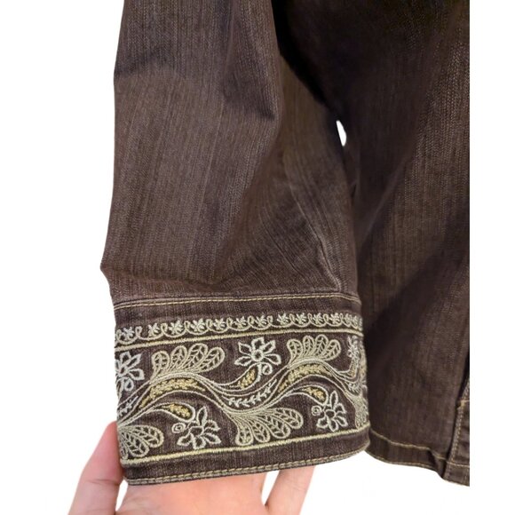 Vintage 90s Live A Little LAL Brown Denim Jacket Embroidered Snap Button Size L - Picture 7 of 9